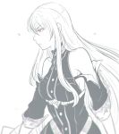  1girl bangs bare_shoulders breasts closed_mouth english_text from_side greyscale koyorin large_breasts long_hair military military_uniform monochrome red_eyes selvaria_bles senjou_no_valkyria senjou_no_valkyria_1 sketch solo uniform very_long_hair 