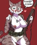  &lt;3 2019 4_fingers anthro areola belly big_breasts blush bra breasts chest_tuft claws clothed clothing clothing_aside dipstick_tail dog_tags english_text eyebrows eyelashes felid feline female fingers fur green_eyes gun holding_object holding_weapon josun looking_at_viewer lynx mammal military mostly_nude multicolored_tail nipples panties panties_aside pussy ranged_weapon rifle simple_background skimpy smile soldier solo standing striped_fur stripes text thick_thighs tongue tuft underwear underwear_aside weapon zeha 