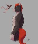  2017 anthro biceps biped black_fur blue_eyes butt character_name digital_media_(artwork) equid equine eyebrows fur grey_background hair half-length_portrait hi_res horse jodira looking_at_viewer male mammal multicolored_ears multicolored_fur muscular muscular_male nipples nude pandacouch pecs portrait red_hair red_tail short_hair side_view simple_background smile solo standing tattoo two_tone_ears two_tone_fur white_eyebrows white_fur white_nipples 