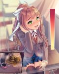  1girl artist_name bangs black_legwear blue_skirt blush breasts brown_hair brown_jacket chair classroom crying curtains desk doki_doki_literature_club embarrassed eyebrows_visible_through_hair green_eyes hair_ribbon half-closed_eyes hand_on_own_leg hand_up indoors jacket kakuume legs_together long_hair long_sleeves looking_at_viewer miniskirt monika_(doki_doki_literature_club) multiple_views neck_ribbon nose_blush open_mouth pee peeing peeing_self pink_footwear pleated_skirt ponytail puddle red_neckwear red_ribbon ribbon school_desk school_uniform shiny shiny_hair shirt shoes signature sitting skindentation skirt small_breasts smile sparkle steam sweat tears teeth thighhighs tied_hair urine_meter wet wet_clothes white_ribbon white_shirt x-ray zettai_ryouiki 