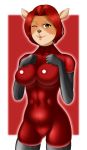  2019 absurd_res anthro bangs big_breasts biped bodysuit breasts buffbumblebee cervid cervine clothed clothing digital_drawing_(artwork) digital_media_(artwork) eyebrows eyelashes female fingers front_view fur gloves hair handwear hi_res legwear looking_at_viewer mammal one_eye_closed red_hair rubber short_hair simple_background skinsuit smile solo standing stockings thigh_highs tight_clothing tongue tongue_out wink 