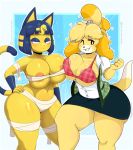  absurd_res animal_crossing ankha_(animal_crossing) areola areola_slip bandage big_breasts blonde_hair blue_hair breast_squish breasts canid canine canis cewljoke clothed clothing collaboration dipstick_tail domestic_cat domestic_dog duo egyptian felid feline felis female female/female fur hair half-closed_eyes hand_on_hip hi_res isabelle_(animal_crossing) jinu looking_at_viewer mammal multicolored_tail navel nintendo shih_tzu short_hair simple_background smile squish thick_thighs toy_dog video_games wraps yellow_fur 