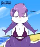  &lt;3 beach big_breasts bikini bow breasts cleavage clothed clothing english_text eyes_closed female fifi_la_fume fur hair hi_res joaoppereiraus mammal mephitid puckered_lips purple_fur purple_hair seaside skunk solo swimwear text tiny_toon_adventures warner_brothers white_fur 