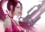  1girl absurdres artist_name bad_hand bota_(tcez) breasts brown_hair chasing_haze chen_guo cleavage gun highres holding holding_gun holding_weapon lipstick long_hair looking_at_viewer makeup ponytail purple_eyes quan_zhi_gao_shou sidelocks simple_background upper_body very_long_hair weapon white_background 