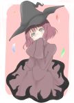  1girl absurdres akarei_(red_spooky) alternate_costume bob_cut eyebrows_visible_through_hair grey_eyes hat head_tilt highres joshi_kousei_no_mudazukai kujou_hisui long_sleeves looking_at_viewer pink_background purple_eyes purple_hair robe smile turtleneck witch_hat 