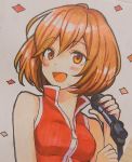  1girl :d argyle argyle_background arms_at_sides bare_arms bare_shoulders blush breasts brown_eyes brown_hair crop_top eyebrows_visible_through_hair eyelashes fingernails floating_hair happy holding holding_microphone medium_breasts meiko microphone microphone_stand nokuhashi open_mouth red_nails red_shirt shirt short_hair simple_background smile solo upper_body vocaloid white_background zipper 