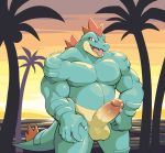  2019 5_fingers alternate_version_at_source anthro anthrofied balls biceps bodily_fluids claws detailed_background digital_media_(artwork) erection feraligatr fingers front_view genital_fluids hi_res humanoid_penis male muscular muscular_male nintendo nude open_mouth pecs penis pok&eacute;mon pok&eacute;mon_(species) reptile scalie solo tongue video_games voviat 