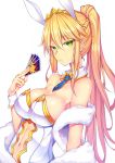  1girl animal_ears artoria_pendragon_(all) artoria_pendragon_(lancer) artoria_pendragon_(swimsuit_ruler)_(fate) bangs bare_shoulders blonde_hair breasts bunny_ears bunnysuit card cleavage detached_collar fate/grand_order fate_(series) feather_boa green_eyes hair_between_eyes highres holding large_breasts leotard long_hair looking_at_viewer necktie playing_card ponytail sidelocks simple_background solo suteba_(grzjkbhgf) upper_body white_background white_leotard wrist_cuffs 