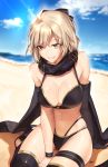  1girl ahoge bare_shoulders beach bikini black_bikini black_gloves black_legwear black_scarf blonde_hair blue_sky bow breasts cloud elbow_gloves fate/grand_order fate_(series) fuu_kotora gloves hair_bow looking_at_viewer medium_breasts navel ocean okita_souji_(fate)_(all) okita_souji_(swimsuit_assassin)_(fate) open_mouth outdoors sand scarf short_hair single_glove sitting sky smile solo sweat swimsuit thigh_strap wariza yellow_eyes 