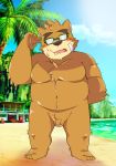  2019 anthro balls belly blush bodily_fluids brown_bear brown_fur bumomomoboa eyewear flaccid fur glasses hi_res humanoid_penis male mammal navel overweight overweight_male penis slightly_chubby small_penis solo sweat tokyo_afterschool_summoners ursid ursine video_games volos 