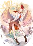  1girl ;) bird blonde_hair blush boots breasts chick dress feathered_wings feathers multicolored_hair nest niwatari_kutaka one_eye_closed orange_eyes pixerite red_hair short_hair skirt skirt_lift sleeveless sleeveless_dress small_breasts smile tail_feathers touhou two-tone_hair wings 
