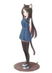 1girl absurdres animal_ear_fluff animal_ears arms_behind_back black_hair black_legwear blue_dress blue_eyes blush cat_ears cat_tail dress eyebrows_visible_through_hair full_body garter_straps highres long_hair looking_at_viewer nekoze_(s22834712) original simple_background smile solo standing tail thighhighs white_background 