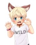  1boy ailu_(2055645177) animal_ears bell bell_collar blonde_hair blue_eyes blush borrowed_character collar fangs fox_boy fox_ears hair_between_eyes male_focus original shirt simple_background solo t-shirt white_background 