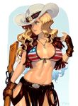 1girl american_flag_bikini belt bikini bikini_top blonde_hair blue_eyes breasts brown_gloves commentary cowboy_bebop cowboy_hat cross cross_necklace curly_hair english_commentary epaulettes fingerless_gloves flag_print frilled_vest front-tie_bikini front-tie_top gloves gun hat holding holding_gun holding_weapon jewelry judy_(cowboy_bebop) large_breasts lasso lever_action lips navel necklace optionaltypo pelvic_curtain rifle solo stomach swimsuit toned vest weapon 