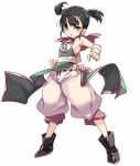  1girl armpits bangs bare_shoulders black_footwear black_hair blush_stickers boots clenched_hand dragon_quest dragon_quest_iii dress eyebrows_visible_through_hair fighter_(dq3) fingernails full_body green_dress grey_eyes hair_bobbles hair_ornament highres karukan_(monjya) looking_at_viewer parted_lips pelvic_curtain puffy_shorts short_twintails shorts simple_background solo standing twintails v-shaped_eyebrows white_background white_shorts 