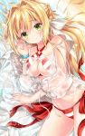  1girl bare_shoulders bikini blonde_hair blush bracelet braid closed_mouth criss-cross_halter fate/grand_order fate_(series) green_eyes groin hair_intakes halterneck jewelry long_hair looking_at_viewer lying navel nero_claudius_(fate)_(all) nero_claudius_(swimsuit_caster)_(fate) nogi_takayoshi on_side red_bikini see-through side-tie_bikini smile solo striped striped_bikini swimsuit water wet 
