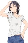  1girl arm_up black_hair grey_eyes hair_between_eyes half-closed_eyes hand_in_hair hand_on_hip looking_at_viewer mattaku_mousuke messy_hair off-shoulder_shirt off_shoulder open_mouth original shirt shorts solo strap white_background 