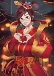  1girl bag breasts brown_eyes brown_hair chinese_clothes chinese_zodiac dizim earrings glasses grin hair_ornament hair_rings heart heart_hands highres jewelry lantern large_breasts luna_mei mei_(overwatch) overwatch paper_lantern red_nails smile solo twitter_username upper_body 