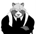  2019 anthro canid canine clothing gyobu hi_res humanoid_hands hysk male mammal one_eye_closed raccoon_dog scar shirt simple_background smoking solo tanuki tokyo_afterschool_summoners topwear video_games white_background wink 