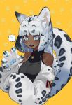  1girl animal_ears bangs bare_shoulders blunt_bangs breasts bright_pupils claws commentary_request cropped_torso dark_skin eyebrows_visible_through_hair fang leopard_ears leopard_girl leopard_tail light_blue_eyes long_hair meziro001 open_mouth original paw_print paw_print_pattern slit_pupils solo spotted_hair tail thick_eyebrows very_dark_skin white_fur white_hair white_pupils wing_collar yellow_background 