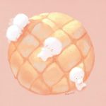 ._. 4others afro blush_stickers bread closed_mouth commentary_request food highres lying manino_(mofuritaionaka) melon_bread multiple_others no_humans on_back original pink_background signature simple_background smile u_u 