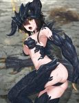  1girl ass black_hair breasts bruise deathclaw fallout_4 fangs fingernails highres horns injury lying medium_breasts monster_girl on_ground on_side open_mouth personification sharp_fingernails short_hair short_hair_with_long_locks sidelocks slit_pupils solo spikes sweat tail tom-neko_(zamudo_akiyuki) yellow_eyes 