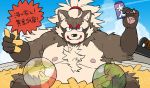  2019 anthro belly black_nose canid canine goemon_(tas) humanoid_hands japanese_text male mammal moobs nipples one_eye_closed osansyoup overweight overweight_male raccoon_dog solo tanuki text tokyo_afterschool_summoners video_games wink 