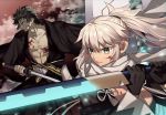  1boy 1girl abs black_eyes black_gloves black_hair black_kimono blood blood_on_face bloody_clothes closed_mouth collarbone commentary_request eyebrows_visible_through_hair fate/grand_order fate_(series) gloves grey_eyes grey_hair hair_between_eyes hijikata_toshizou_(fate/grand_order) holding holding_sword holding_weapon japanese_clothes katana kimono koha-ace long_hair looking_away meiji_ken okita_souji_(fate)_(all) okita_souji_(swimsuit_assassin)_(fate) open_clothes ponytail scarf short_hair sword twitter_username weapon white_scarf 