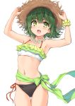  1girl :d armpits arms_up bare_arms bare_shoulders bikini blush breasts commentary_request cowboy_shot cu-no flower flower_necklace green_eyes green_hair green_ribbon hands_on_headwear hat hisenkaede jewelry looking_at_viewer mismatched_bikini navel necklace nonono_futaba open_mouth ribbon short_hair side-tie_bikini simple_background small_breasts smile solo standing straw_hat swimsuit thigh_gap white_background wrist_cuffs 