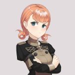  1girl absurdres angry annette_fantine_dominique blue_eyes blush crossed_arms dakkalot epaulettes fire_emblem fire_emblem:_three_houses grey_background highres orange_hair solo twintails uniform upper_body 