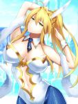  1girl animal_ears armpits arms_behind_head arms_up artoria_pendragon_(all) artoria_pendragon_(swimsuit_ruler)_(fate) bangs bare_shoulders blonde_hair blue_legwear blue_neckwear braid breasts bunny_ears bunnysuit cleavage closed_mouth detached_collar fate/grand_order fate_(series) fishnet_pantyhose fishnets french_braid green_eyes hair_between_eyes highleg highleg_leotard large_breasts leotard long_hair looking_at_viewer minami_koyogi navel navel_cutout necktie pantyhose ponytail sidelocks solo tiara white_leotard 