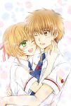  1boy 1girl ;d blonde_hair blue_neckwear brown_eyes brown_hair cardcaptor_sakura collared_shirt couple dress_shirt from_side green_eyes hair_ribbon hug kanaoto_neiro kinomoto_sakura li_xiaolang necktie one_eye_closed open_mouth pink_ribbon ribbon school_uniform shirt short_hair_with_long_locks short_sleeves sidelocks smile upper_body white_shirt wing_collar 