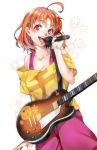  1girl :d ahoge clover_hair_ornament collarbone hair_ornament highres holding holding_instrument holding_microphone imo_(evekelu-111) instrument love_live! love_live!_sunshine!! microphone music off-shoulder_shirt off_shoulder open_mouth orange_hair pants pink_pants print_shirt red_eyes shiny shiny_hair shirt short_hair short_sleeves singing smile solo standing takami_chika white_background yellow_shirt 