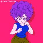  1girl animated animated_gif artist_name bouncing_breasts bra breasts cowboy_shot curly_hair dragon_ball dragon_ball_(classic) fighting_stance large_breasts mole navel one_eye_closed panties patreon_logo pink_bra pink_panties purple_eyes purple_hair raised_eyebrow ranfan smile solo twistedgrim underwear undressing watermark 