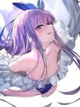  1girl akieda bangs bare_shoulders blue_eyes blush breasts choker collarbone eyebrows_visible_through_hair fate/grand_order fate_(series) hair_between_eyes hair_ribbon highres licking_lips long_hair long_sleeves looking_at_viewer meltryllis meltryllis_(swimsuit_lancer)_(fate) purple_hair ribbon simple_background sleeves_past_fingers sleeves_past_wrists smile solo swimsuit tongue tongue_out very_long_hair 