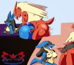  2019 anthro avian balls blaziken blue_fur bodily_fluids breasts butt canid canine cum cum_on_face digital_media_(artwork) duo erection female from_behind_position fur genital_fluids hair hi_res humanoid_penis knightmoonlight98 lucario lying male male/female mammal nintendo nipples nude open_mouth penetration penis pok&eacute;mon pok&eacute;mon_(species) pussy pussy_juice sex simple_background teeth tongue tongue_out vaginal vaginal_penetration video_games 