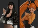  2girls bangs black_bow black_hair black_nails blunt_bangs bow breasts brown_eyes cleavage clenched_hand concept_art grey_background grey_eyes hair_bow hand_up hands_up highres hunting_era long_hair long_sleeves looking_at_viewer midriff multiple_girls navel orange_hair parted_lips realistic sangsoo_jeong simple_background small_breasts smile spiked_armlet studded_jacket twintails upper_body very_long_hair 