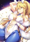  1girl animal_ears artoria_pendragon_(all) artoria_pendragon_(swimsuit_ruler)_(fate) blonde_hair blue_legwear breasts bunny_ears bunnysuit cleavage commentary_request detached_collar fate/grand_order fate_(series) green_eyes hair_between_eyes highres large_breasts leotard long_hair navel navel_cutout necktie pantyhose ponytail sidelocks solo yuzu_modoki 