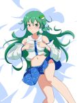  1girl bangs bare_legs bare_shoulders bed_sheet blue_skirt blush breasts cato_(monocatienus) commentary_request crop_top detached_sleeves feet_out_of_frame frog_hair_ornament green_eyes green_hair hair_between_eyes hair_ornament hair_tubes hands_on_own_chest kochiya_sanae long_hair long_sleeves looking_at_viewer lying medium_breasts midriff miniskirt navel on_back parted_lips shirt single_sidelock skirt snake_hair_ornament solo stomach thighs touhou very_long_hair white_shirt wide_sleeves 