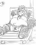  2019 anthro belly bottomwear bulge canid canine clothing eyes_closed goemon_(tas) koideandichi male mammal moobs overweight overweight_male raccoon_dog shorts solo tanuki tokyo_afterschool_summoners video_games 