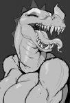  bedroom_eyes big_breasts bistup bodily_fluids breasts dinosaur eyelashes fangs female half-closed_eyes hi_res looking_at_viewer open_mouth open_smile reptile saliva scalie seductive sharp_teeth simple_background smile solo teeth tongue tongue_out 