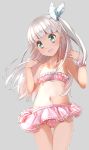  1girl alternate_costume blush comah eyebrows_visible_through_hair gradient gradient_background green_eyes grey_background hair_ornament hair_ribbon highres kantai_collection long_hair looking_at_viewer maestrale_(kantai_collection) navel open_mouth ribbon silver_hair smile solo swimsuit tan tanline 