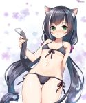  1girl animal_ear_fluff animal_ears ass_visible_through_thighs bare_arms bare_shoulders bikini black_bikini black_hair blush breasts cat_ears cat_girl cat_tail closed_mouth collarbone commentary_request floral_background front-tie_bikini front-tie_top green_eyes groin holding_tail kyaru_(princess_connect) long_hair looking_at_viewer low_twintails mauve multicolored_hair navel nose_blush princess_connect! princess_connect!_re:dive side-tie_bikini small_breasts solo streaked_hair sweat swimsuit tail tail_raised twintails twitter_username very_long_hair white_background white_hair 