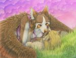  2006 anthro anthro_on_anthro blonde_hair canid canine day detailed_background duo feathered_wings feathers female female/female fox grass hair hybrid katie_hofgard kissing mammal outside traditional_media_(artwork) wings 