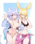  2girls animal_ears bare_shoulders black_swimsuit blonde_hair blue_hair blush breasts bunny_ears cat_ears cat_tail collarbone commentary commentary_request groin hair_over_one_eye highres jacket large_breasts looking_at_viewer medium_breasts multiple_girls navel one_eye_closed open_mouth original red_eyes ryota_tentei scar short_hair swimsuit tail tora_tentei white_swimsuit yellow_eyes 