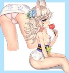  1girl animal_ears areolae ass azur_lane bangs bare_arms bare_legs bare_shoulders blush breasts butterfly_ornament cameltoe candy_apple collarbone commentary_request eating flower food from_below from_side green_eyes grey_hair hair_flower hair_ornament highres japanese_clothes kimono kitakaze_(azur_lane) licking looking_at_viewer medium_hair mole mole_on_breast monushi mtu_virus nipples obi panties pantyshot sash shiny shiny_skin sidelocks small_breasts thighs tongue tongue_out underwear yukata 