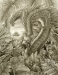  2006 american_mythology aztec_mythology deity detailed_background dragon duo feral forest human jungle katie_hofgard mammal mesoamerican_mythology mythology open_mouth quetzalcoatl teeth tongue traditional_media_(artwork) tree 