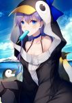  1girl animal_hood bangs banned_artist bare_shoulders bird black_jacket blue_bow blue_choker blue_sky blush bow breasts choker closed_mouth collarbone eating fate/grand_order fate_(series) food hair_between_eyes hood hood_up jacket kyoeiki long_hair long_sleeves looking_at_viewer meltryllis meltryllis_(swimsuit_lancer)_(fate) mouth_hold penguin penguin_hood popsicle purple_hair sitting sky small_breasts solo very_long_hair 