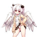  1girl absurdres borrowed_character brown_skirt cardigan feathered_wings highres horns lifted_by_self megato miniskirt original panties red_eyes school_uniform shirt short_hair silver_hair simple_background skirt skirt_lift sleeves_past_wrists solo thighs underwear white_background white_panties white_shirt wings yellow_cardigan 