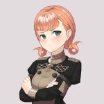  1girl absurdres angry annette_fantine_dominique blue_eyes blush crossed_arms dakkalot epaulettes fire_emblem fire_emblem:_three_houses grey_background highres orange_hair pout solo twintails uniform upper_body 